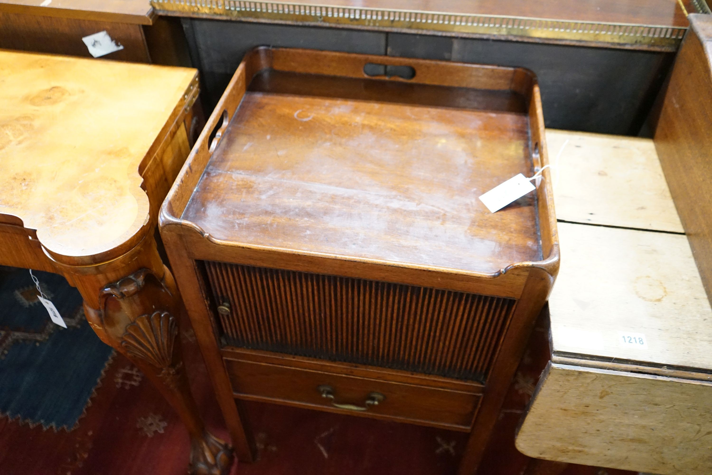 A George III mahogany tray top commode with tambour compartment, width 50cm, depth 46cm, height 77cm